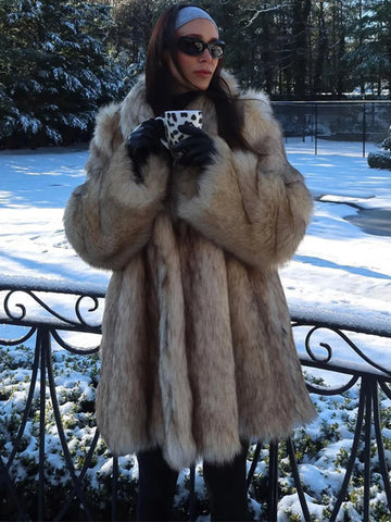 Winter Lady Luxurious Lapel Faux Fur Coats Fashion High Street Long Sleeve Oversize Cardigan Jacket Thick Warm Female Outerwear
