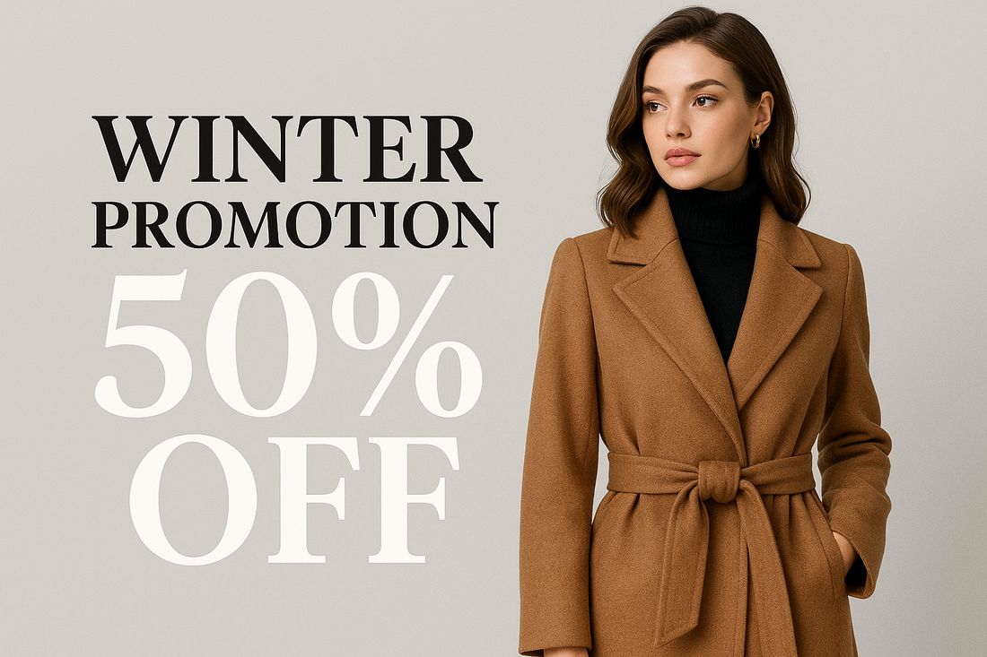Crie uma imagem com uma mulher usando um casaco elegante  ela tem que ficar na direita e na esquerda escrito promoção de inverno 50%off 